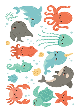 Cute Cartoon Sea Animals Illustration