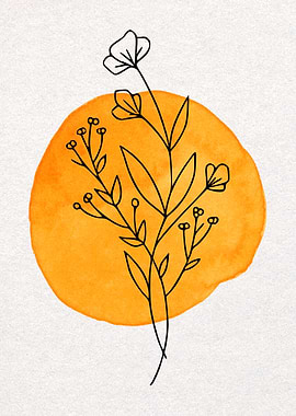 Floral Line Art with Orange Circle