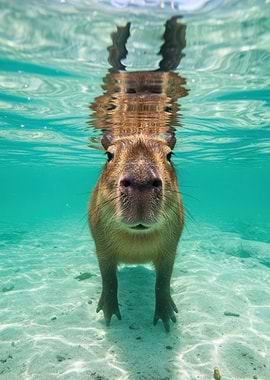 Capybara underwater portrait