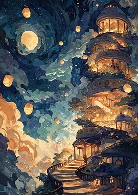 Fantasy Tower with Lanterns at Night