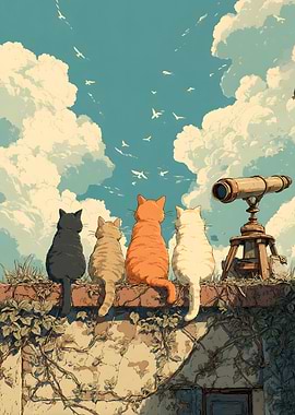 Cats on a Wall with Telescope