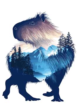 Capybara and Mountain Landscape Double Exposure