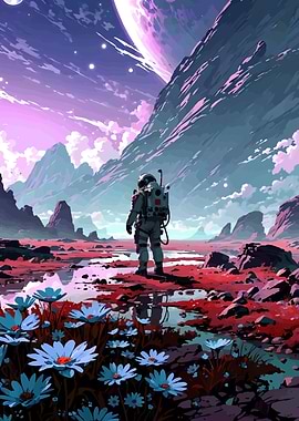 Astronaut on alien planet with flowers