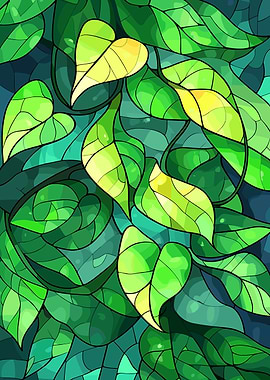 Green Leaves Stained Glass Illustration