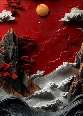 Japanese Landscape with Red Sky