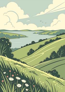 Rolling Green Hills Landscape Illustration