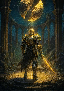 Golden Warrior Knight Under Celestial Moon