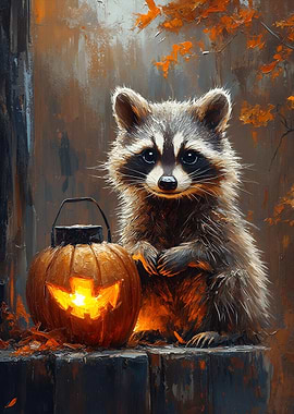 Raccoon with Halloween Pumpkin