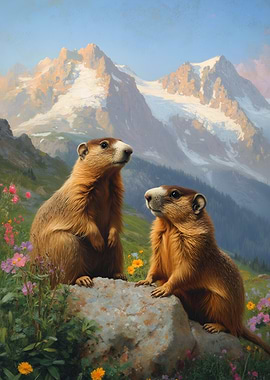 Two Marmots in Mountain Landscape Painting