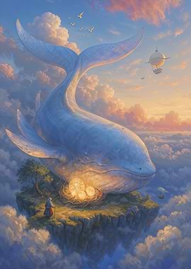 Whale in the Sky with Islands Guarding Glowing Nest Eggs