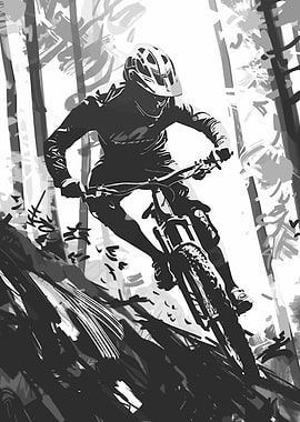 Mountain biker in forest, monochrome art