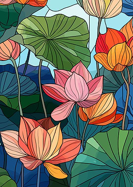 Colorful Lotus Flowers Illustration