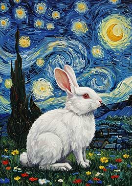 White Rabbit in Starry Night Style