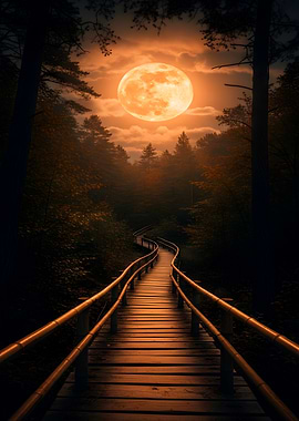 Wooden Path Under a Full Moon