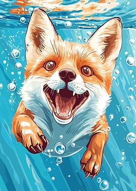 Happy Fox Swimming Underwater Illustration