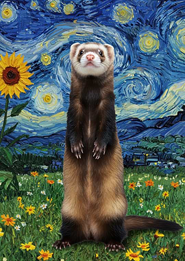 Ferret in Starry Night Landscape