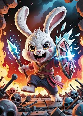 Cartoon Rabbit Warrior in Fantasy Battle