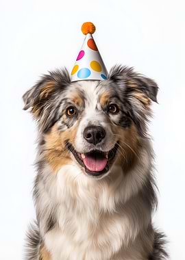 Australian Shepherd Dog with Party Hat Portrait