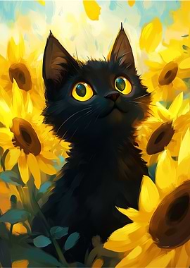 Black Cat in Sunflowers Painting