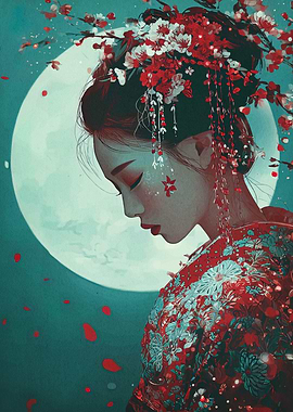 Geisha with Floral Headdress and Kimono