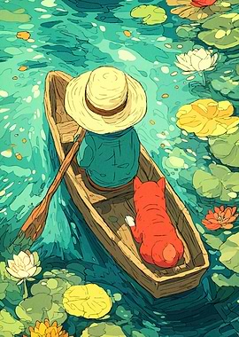 Dog and Person Boat Pond