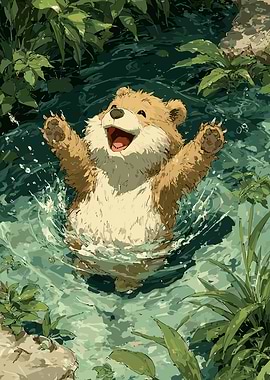 Happy Bear Cub Splashing in Water