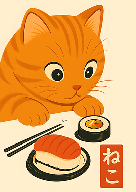 Cartoon Cat with Sushi