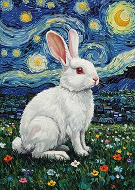 Rabbit in Starry Night Style Painting