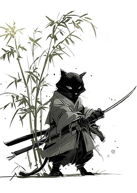 Samurai Cat with Katana and Bamboo