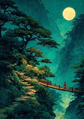 Mountain Bridge Under Moonlight