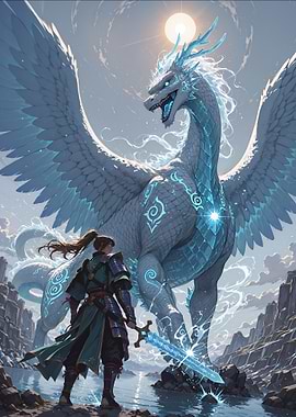 Warrior and Ice Dragon Fantasy Scene