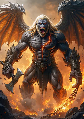 Winged Gorilla Warrior in Fiery Landscape