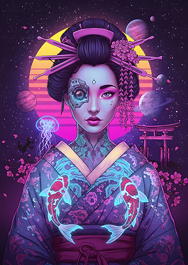 Cyberpunk Geisha with Koi Kimono