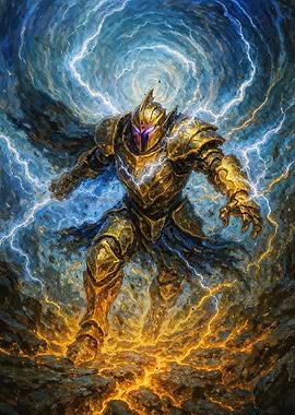 Golden Armored Warrior with Lightning Storm