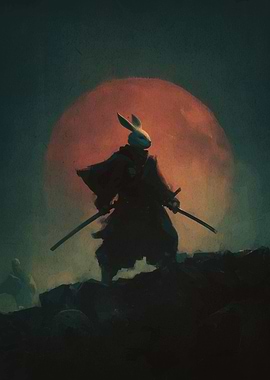 Rabbit Samurai Warrior Under Red Moon
