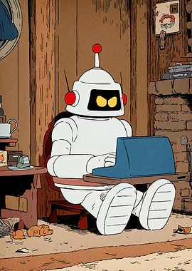 Robot Working on Laptop Indoors