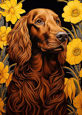 Irish Setter with Yellow Flowers