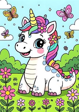 Cute Unicorn Dinosaur Cartoon Illustration
