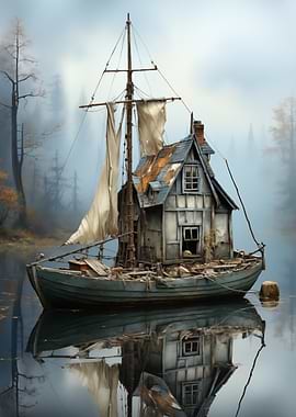 Houseboat on Misty Lake