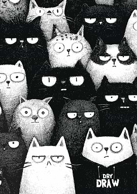 Grumpy Cats Black and White Illustration