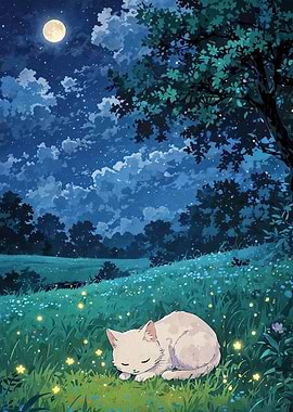 Sleeping Cat Under Moonlight