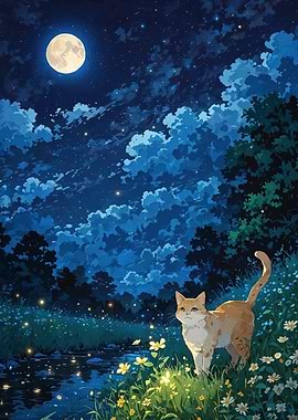 Cat Moonlight Landscape