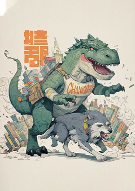 Dinosaur and Wolf Cityscape Adventure