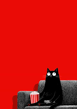 Black Cat Watching TV with Popcorn