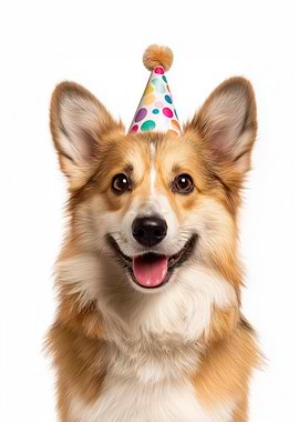 Corgi dog wearing birthday hat