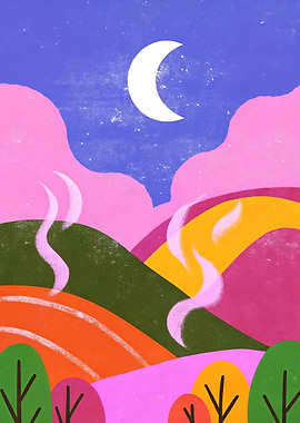 Colorful Landscape with Moon and Hills