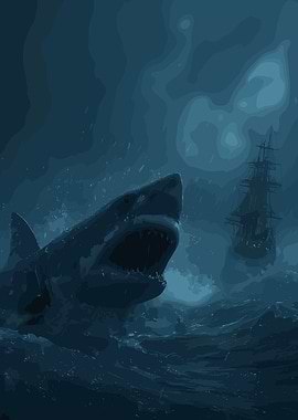 Great White Shark and Sailing Ship