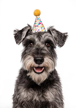 Schnauzer dog with birthday hat