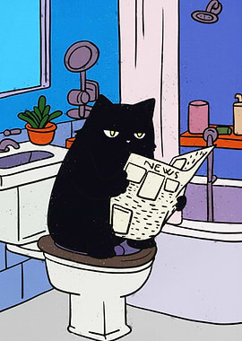 Black cat reading newspaper on toilet