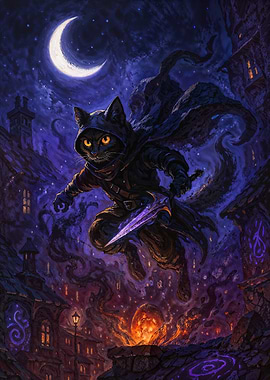 Cat Ninja Bulglar in Fantasy Cityscape